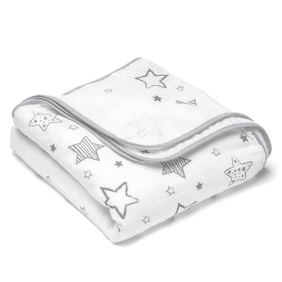 Makian Kuscheldecke Mull 4-lagig 120 x 120 cm - Crazy Stars - Grau Weiß