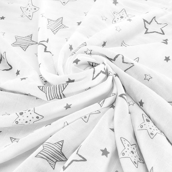 Makian Kuscheldecke Mull 4-lagig 120 x 120 cm - Crazy Stars - Grau Weiß