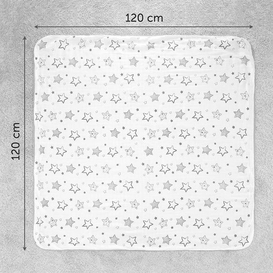 Makian Kuscheldecke Mull 4-lagig 120 x 120 cm - Crazy Stars - Grau Weiß