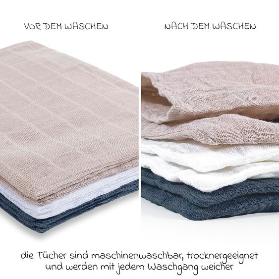 Makian Mull-Waschhandschuh 6er Pack 15 x 20 cm - Graphit / Greige / Weiß