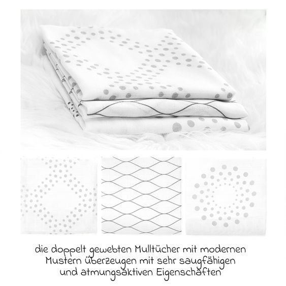 Makian Gauze diaper / gauze cloth 3-pack 80 x 80 cm - Modern Design - Gray White