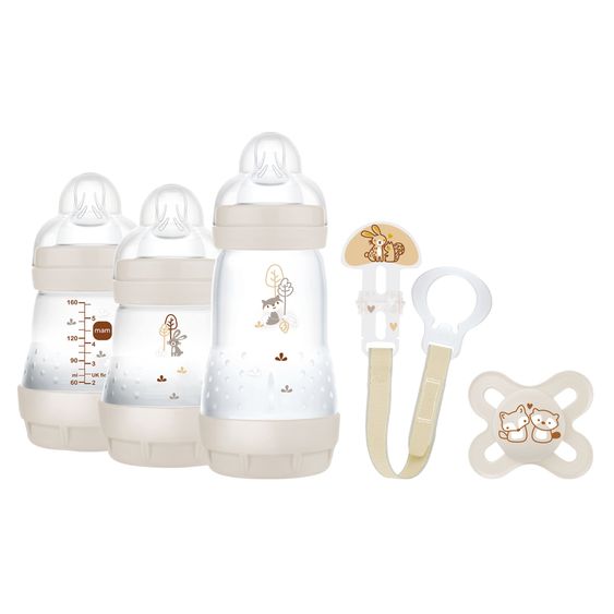 MAM 5-tlg. Starter Set Welcome to the world - 3 PP-Flaschen Easy Start Anti-Colic, Schnuller Start & Schnullerkette - Beige