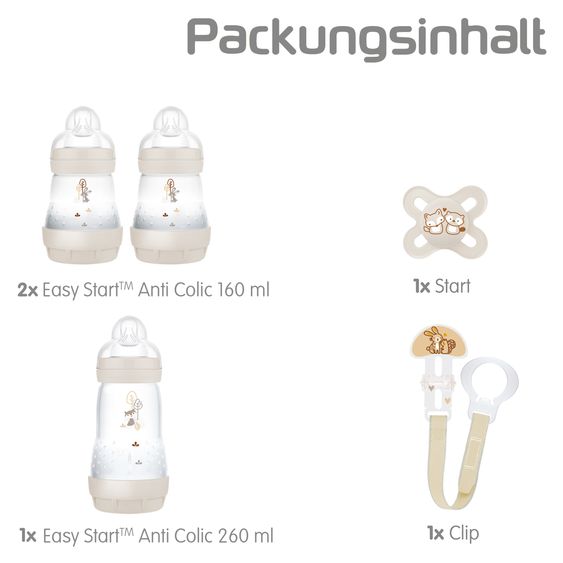 MAM 5-piece starter set Welcome to the world - 3 PP bottles Easy Start Anti-Colic, pacifier Start & pacifier chain - Beige