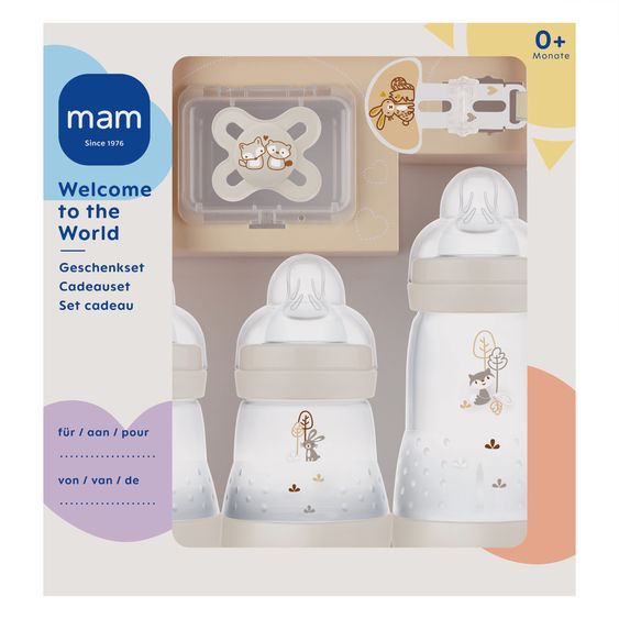 MAM 5-tlg. Starter Set Welcome to the world - 3 PP-Flaschen Easy Start Anti-Colic, Schnuller Start & Schnullerkette - Beige