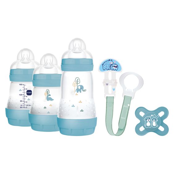 MAM 5-tlg. Starter Set Welcome to the world - 3 PP-Flaschen Easy Start Anti-Colic, Schnuller Start & Schnullerkette - Blau