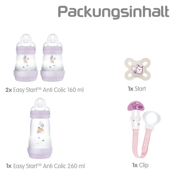 MAM Set iniziale di 5 pezzi Benvenuto nel mondo - 3 biberon in PP Easy Start Anti-Colic, ciuccio Start e catena per ciuccio - Viola