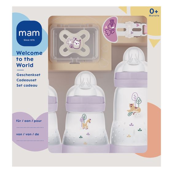 MAM Set iniziale di 5 pezzi Benvenuto nel mondo - 3 biberon in PP Easy Start Anti-Colic, ciuccio Start e catena per ciuccio - Viola