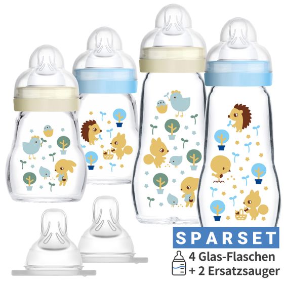 MAM 6-tlg. Glas-Flaschen-Set - 4 Babyflaschen Feel Good + 2 Ersatzsauger - Blau Beige