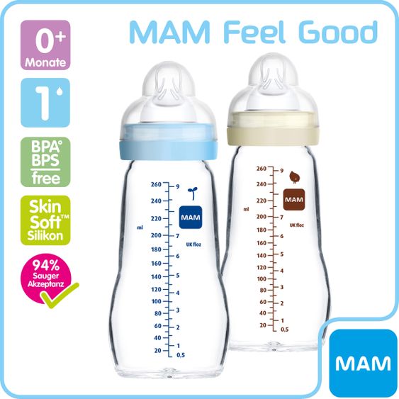 MAM Set di 6 biberon di vetro - 4 biberon Feel Good + 2 tettarelle di ricambio - Blu Beige