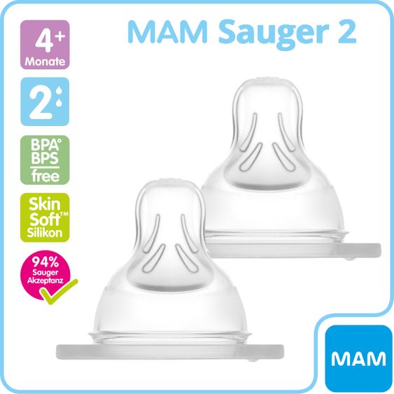 MAM Set di 6 biberon di vetro - 4 biberon Feel Good + 2 tettarelle di ricambio - Blu Beige