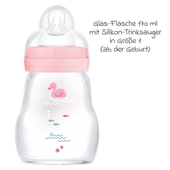 MAM Glas-Flasche 2er Pack Feel Good - Silikon 170 ml - Schwan - Rosa - Gr. 1