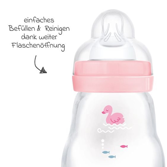 MAM Glas-Flasche 2er Pack Feel Good - Silikon 170 ml - Schwan - Rosa - Gr. 1