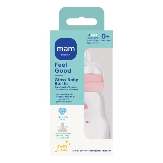 MAM Glas-Flasche 2er Pack Feel Good - Silikon 170 ml - Schwan - Rosa - Gr. 1