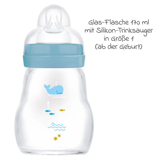 MAM Glass Bottle 2-Pack Feel Good - Silicone 170 ml - Whale - Blue - Size: 1