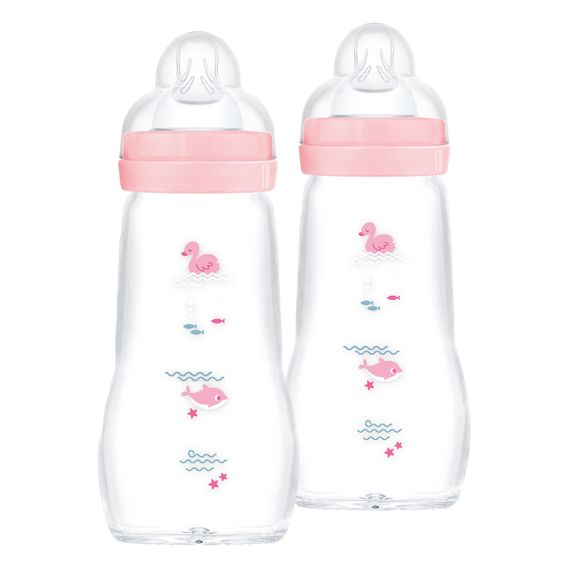 MAM Glas-Flasche 2er Pack Feel Good - Silikon 260 ml - Schwan & Delfin - Rosa - Gr. 1
