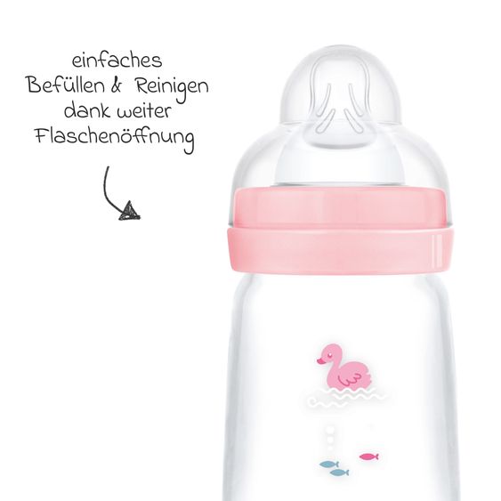 MAM Glas-Flasche 2er Pack Feel Good - Silikon 260 ml - Schwan & Delfin - Rosa - Gr. 1