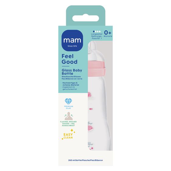 MAM Glas-Flasche 2er Pack Feel Good - Silikon 260 ml - Schwan & Delfin - Rosa - Gr. 1