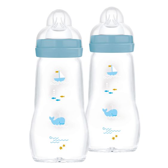 MAM Glas-Flasche 2er Pack Feel Good - Silikon 260 ml - Wal & Segelboot - Blau - Gr. 1