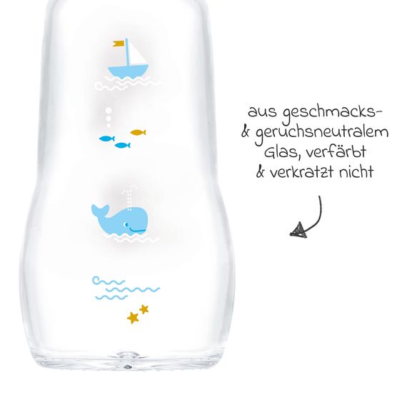 MAM Glas-Flasche 2er Pack Feel Good - Silikon 260 ml - Wal & Segelboot - Blau - Gr. 1