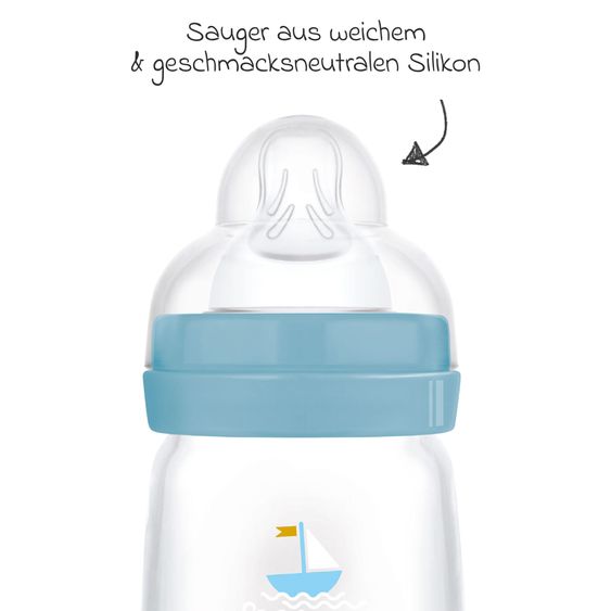 MAM Glas-Flasche 2er Pack Feel Good - Silikon 260 ml - Wal & Segelboot - Blau - Gr. 1
