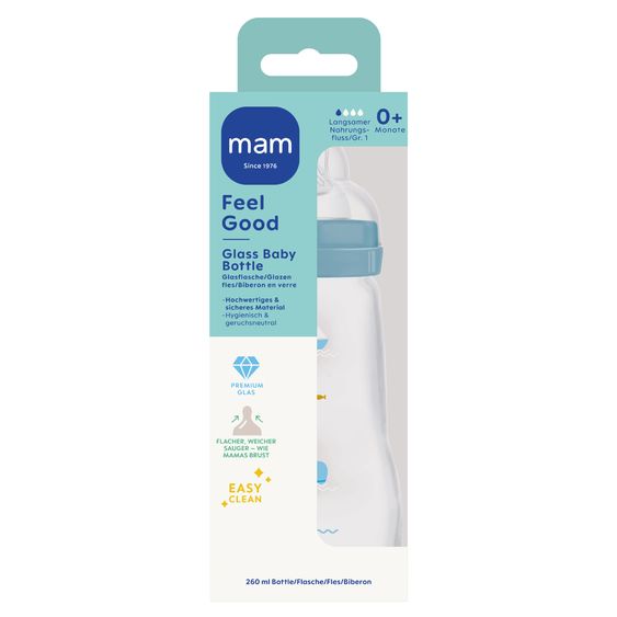 MAM Glas-Flasche 2er Pack Feel Good - Silikon 260 ml - Wal & Segelboot - Blau - Gr. 1