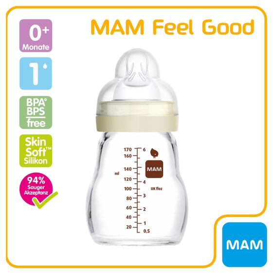 MAM Glas-Flasche Feel Good 170 ml - Silikon Gr. 1 - Hase & Küken