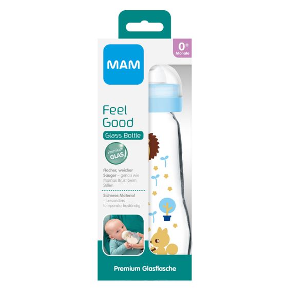 MAM Glas-Flasche Feel Good 260 ml - Silikon Gr. 1 - Igel & Eichhörnchen