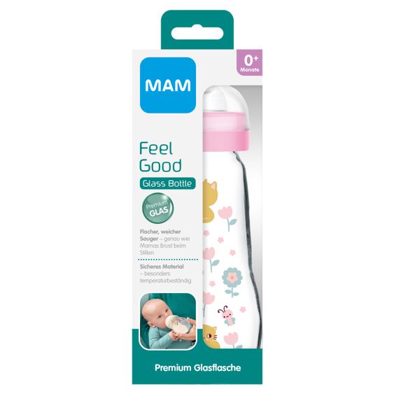 MAM Glas-Flasche Feel Good 260 ml - Silikon Gr. 1 - Katze & Maus