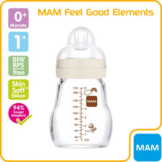 MAM Glas-Flasche Feel Good Elements 170 ml - Silikon Gr. 1 - Hase & Fuchs