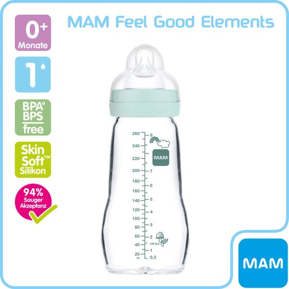 MAM Glas-Flasche Feel Good 260 ml - Silikon Gr. 1 - Bär & Igel