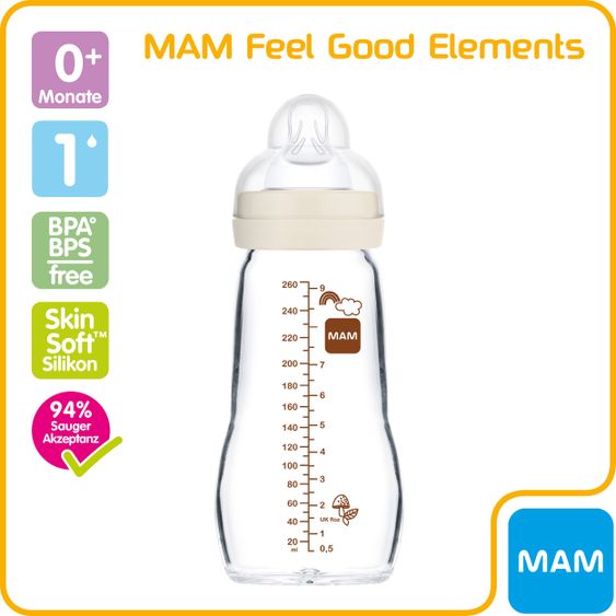 MAM Glas-Flasche Feel Good Elements 260 ml - Silikon Gr. 1 - Hase & Fuchs