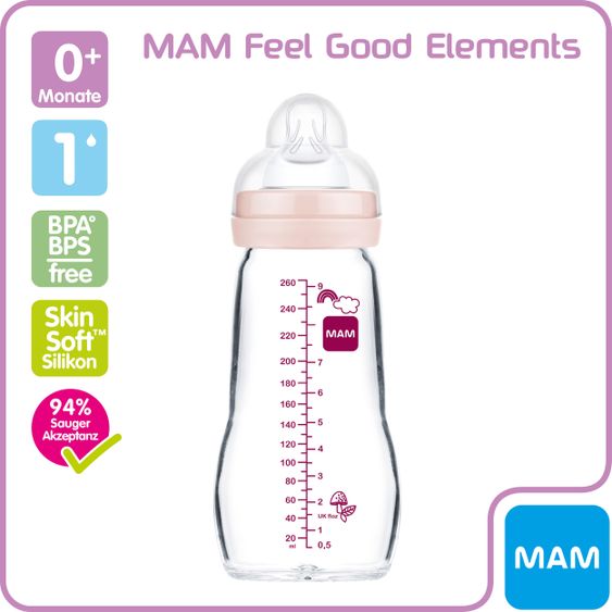 MAM Glas-Flasche Feel Good 260 ml - Silikon Gr. 1 - Vogel & Eichhörnchen