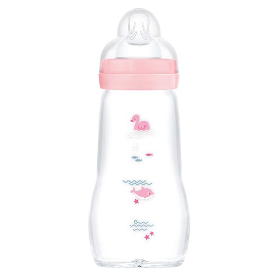 MAM Glas-Flasche Feel Good - Silikon 260 ml - Schwan & Delfin - Rosa - Gr. 1