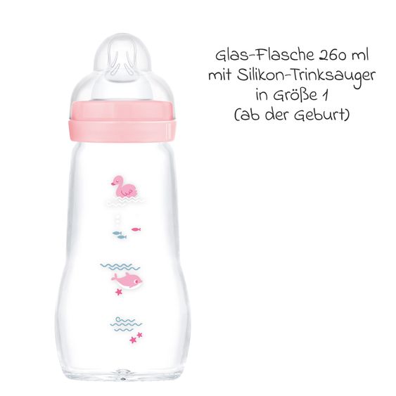 MAM Glas-Flasche Feel Good - Silikon 260 ml - Schwan & Delfin - Rosa - Gr. 1