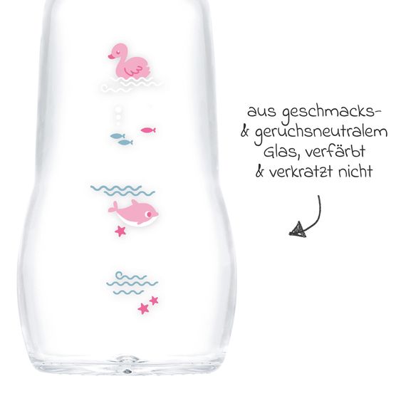 MAM Glas-Flasche Feel Good - Silikon 260 ml - Schwan & Delfin - Rosa - Gr. 1