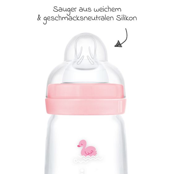 MAM Glas-Flasche Feel Good - Silikon 260 ml - Schwan & Delfin - Rosa - Gr. 1