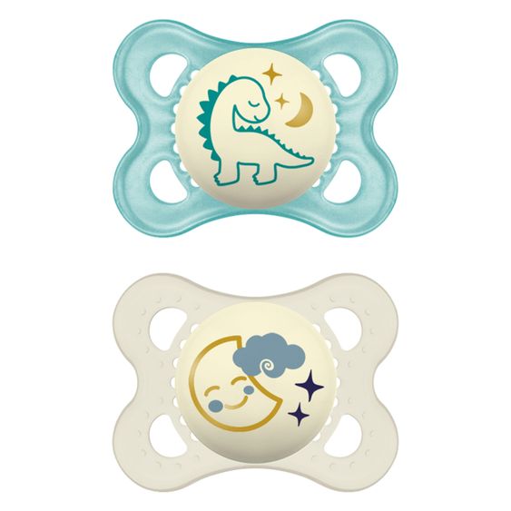 MAM Ciuccio Luminoso 2 Pack Notte - Silicone 0-6 M - Dino e Luna