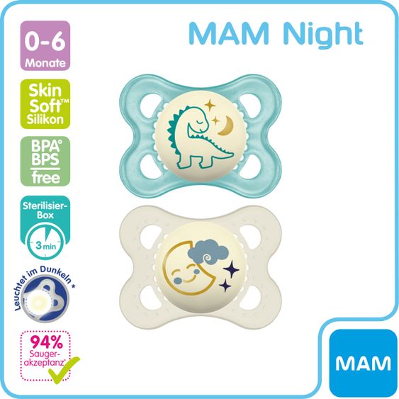 MAM Ciuccio Luminoso 2 Pack Notte - Silicone 0-6 M - Dino e Luna