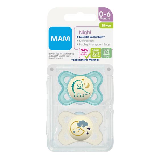 MAM Ciuccio Luminoso 2 Pack Notte - Silicone 0-6 M - Dino e Luna