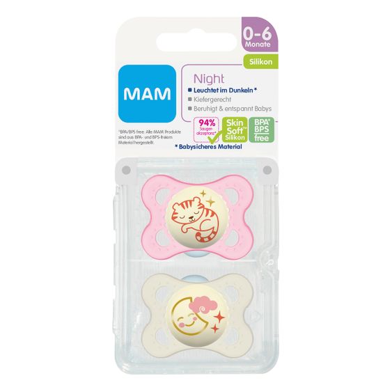 MAM Leucht-Schnuller 2er Pack Night - Silikon 0-6 M - Tiger & Mond