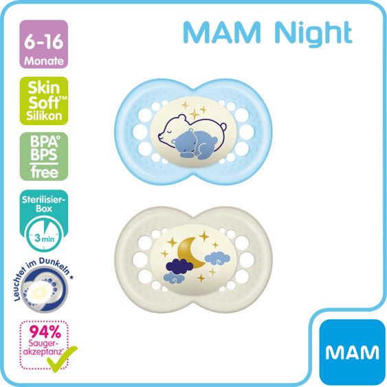 MAM Leucht-Schnuller 2er Pack Night - Silikon 6-16 M - Bär & Mond
