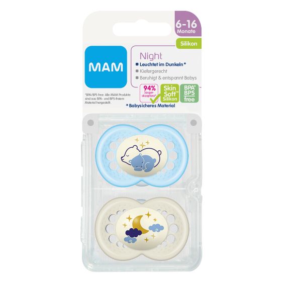 MAM Leucht-Schnuller 2er Pack Night - Silikon 6-16 M - Bär & Mond