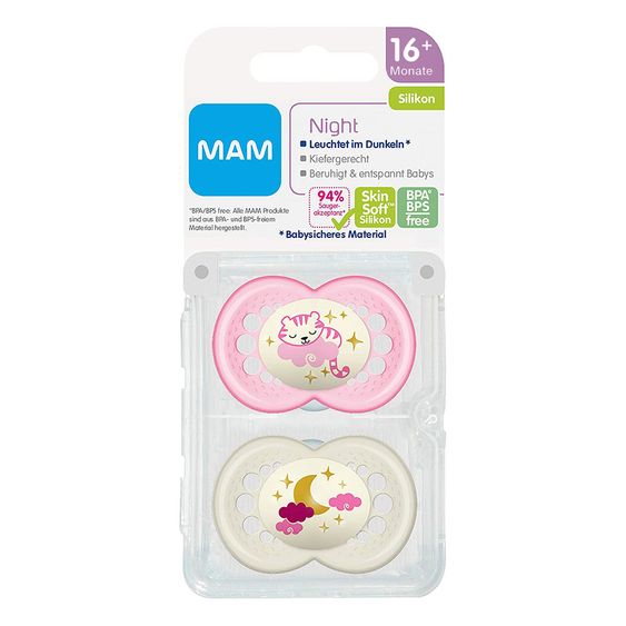 MAM Leucht-Schnuller 2er Pack Night - Silikon ab 16 M - Tiger & Mond