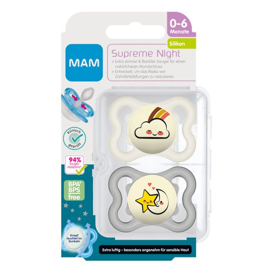 MAM Leucht-Schnuller 2er Pack Supreme Night - Silikon 0-6 M - Regenbogen & Mond
