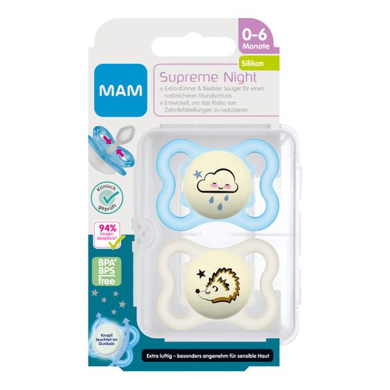 MAM Leucht-Schnuller 2er Pack Supreme Night - Silikon 0-6 M - Wolke & Igel