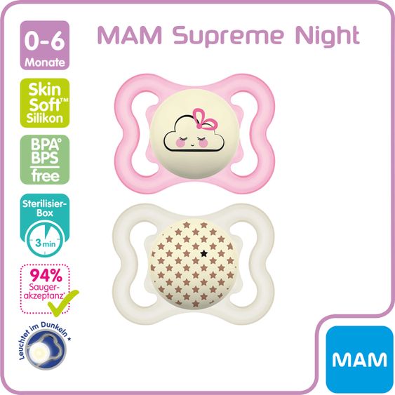 MAM Leucht-Schnuller 2er Pack Supreme Night - Silikon 0-6 M - Wolke & Stern