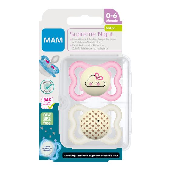 MAM Leucht-Schnuller 2er Pack Supreme Night - Silikon 0-6 M - Wolke & Stern