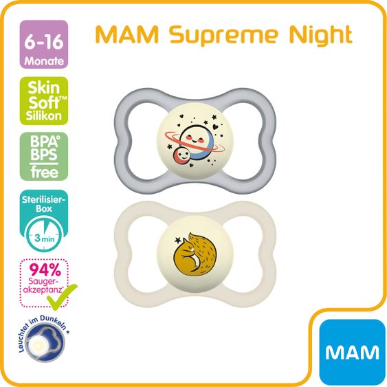 MAM Leucht-Schnuller 2er Pack Supreme Night - Silikon 6-16 M - Mond & Eichhorn