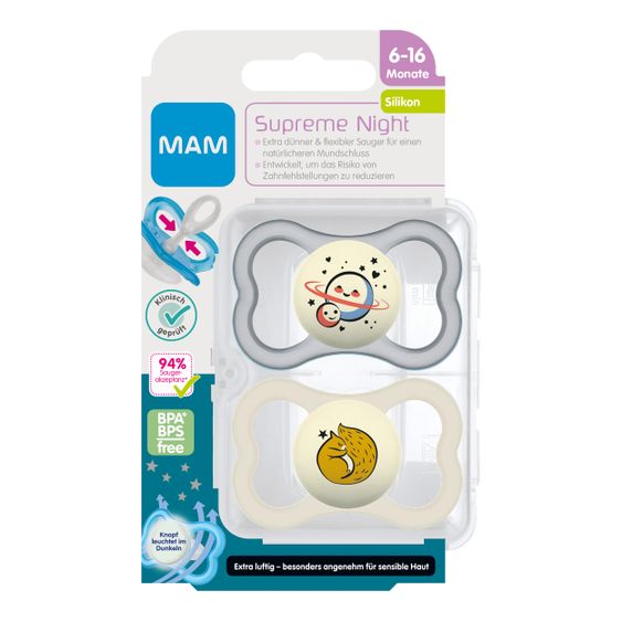 MAM Leucht-Schnuller 2er Pack Supreme Night - Silikon 6-16 M - Mond & Eichhorn