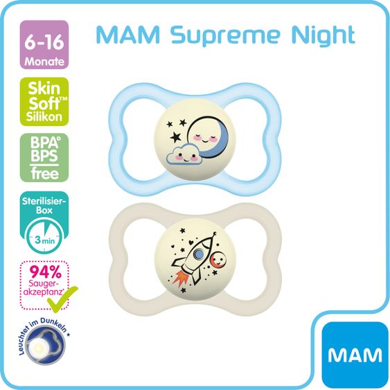 MAM Leucht-Schnuller 2er Pack Supreme Night - Silikon 6-16 M - Mond & Rakete